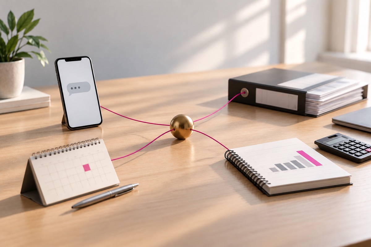 Un núcleo de latón del que salen hilos fucsia que operan un teléfono, facturas, un gráfico y un calendario: agente de IA en una PyME
