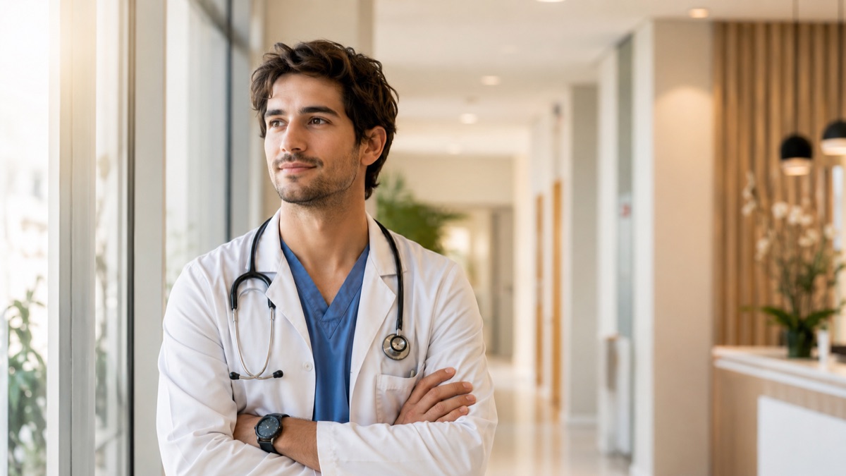 Médico joven en el pasillo de una clínica, construyendo su práctica propia