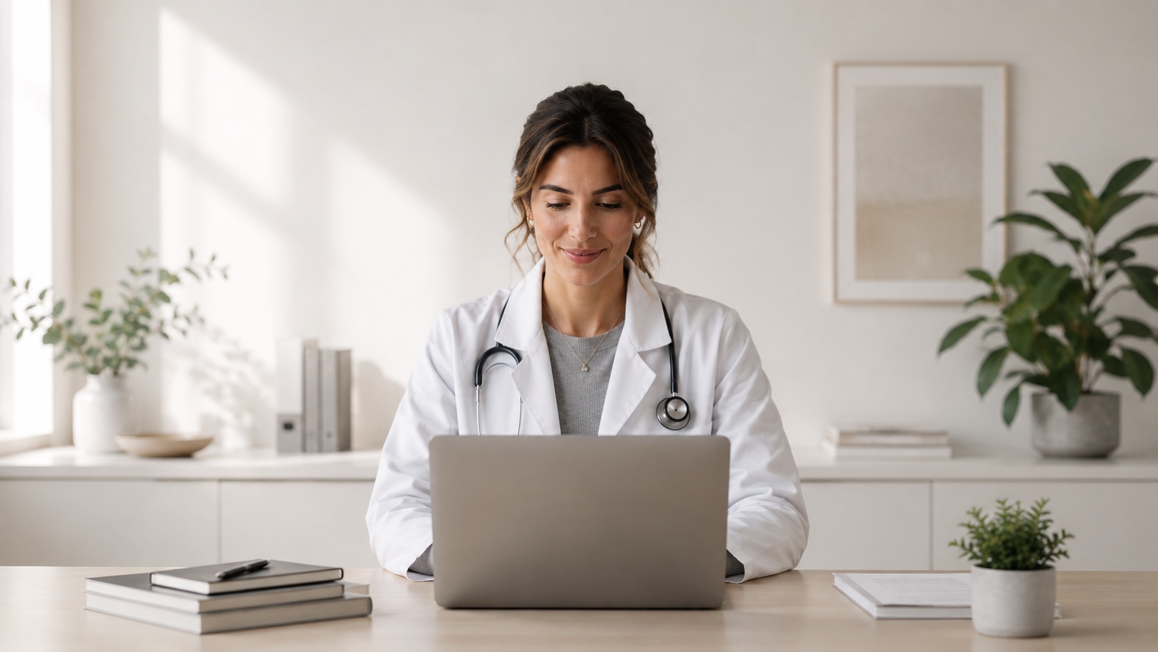 Médica en un consultorio moderno y luminoso trabajando en su laptop — presencia digital para médicos por MAI Soluciones
